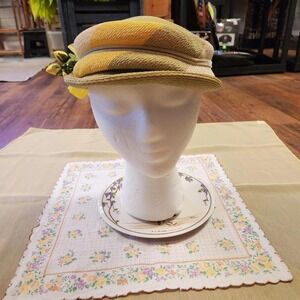 Vintage 1950s Green/Yellow Straw Pillbox Hat